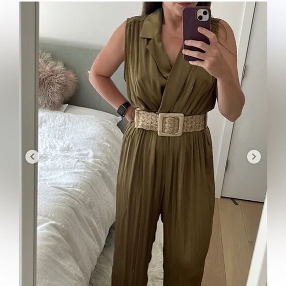 Zara olive green satin effect jumpsuit with belt - Picture 2 of 11